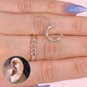 Conjunto Anillo Cadena y Aro cuff con ondas Plata 925